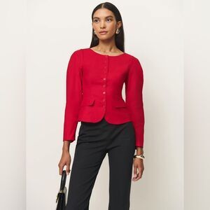 Reformation Women's Red Long-Sleeve Button-Front Puff Sleeve Top - Size 10